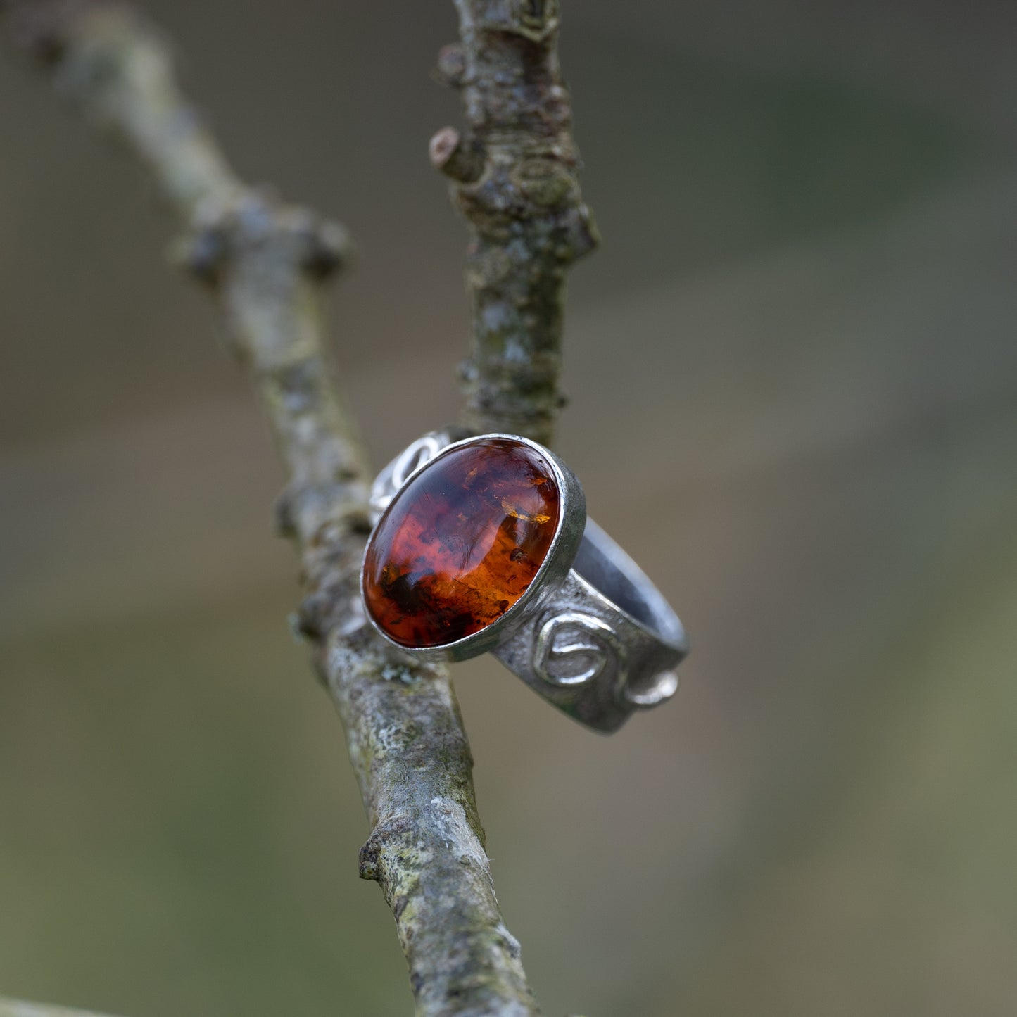 Recycled Silver Amber Fern Ring - Size M - Purbeck Arts Week