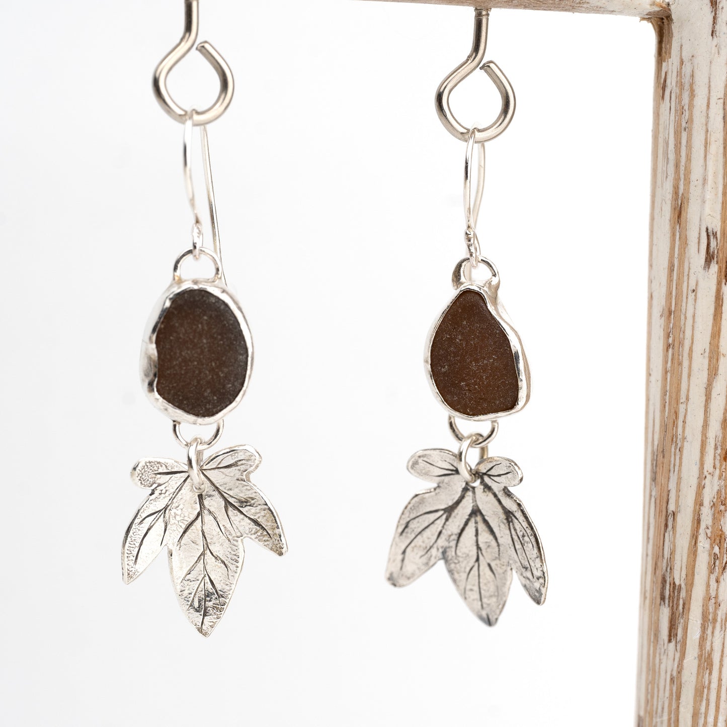 Handmade Silver Ivy Leaf Earrings with Seaglass Stones - Purbeck Arts Week