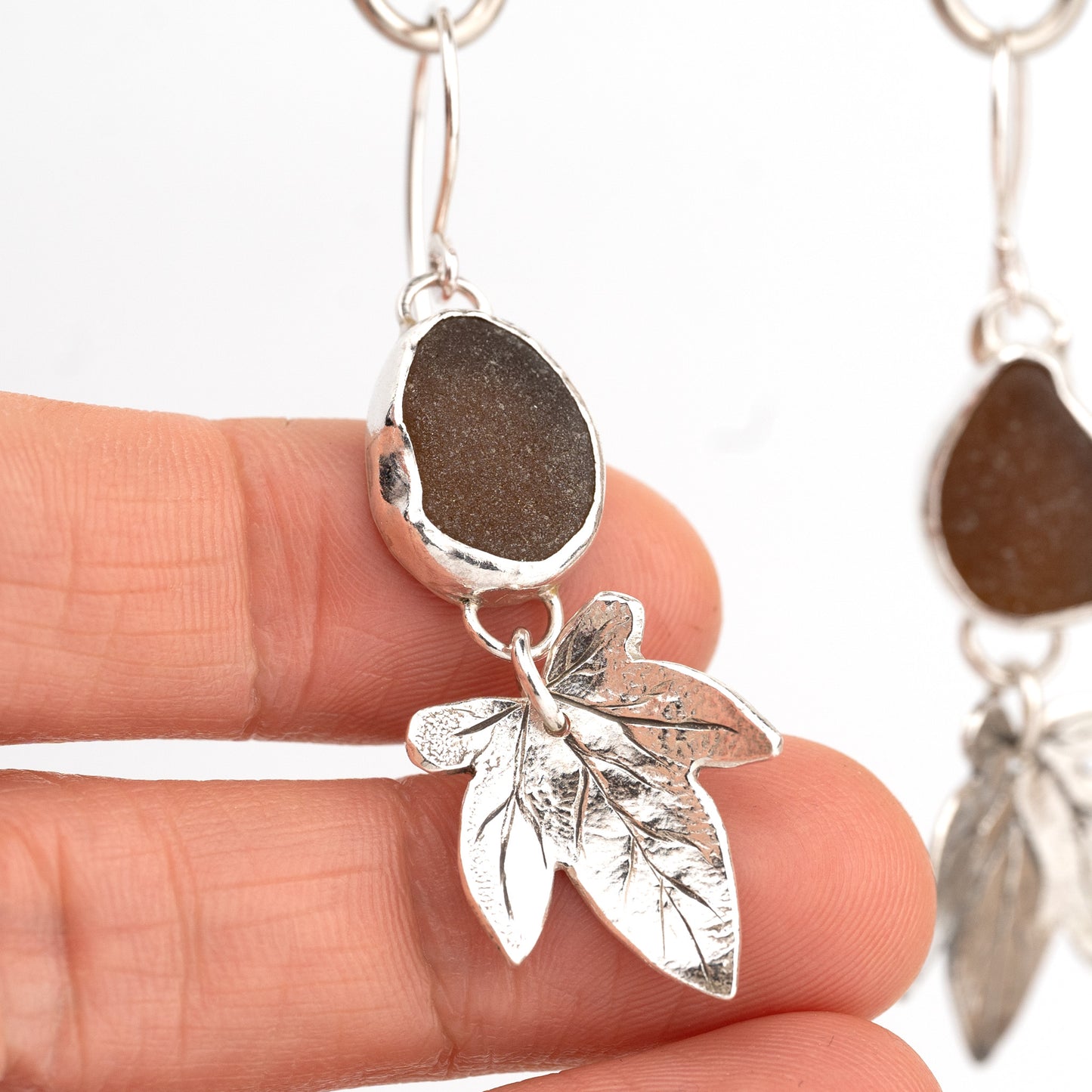 Handmade Silver Ivy Leaf Earrings with Seaglass Stones - Purbeck Arts Week