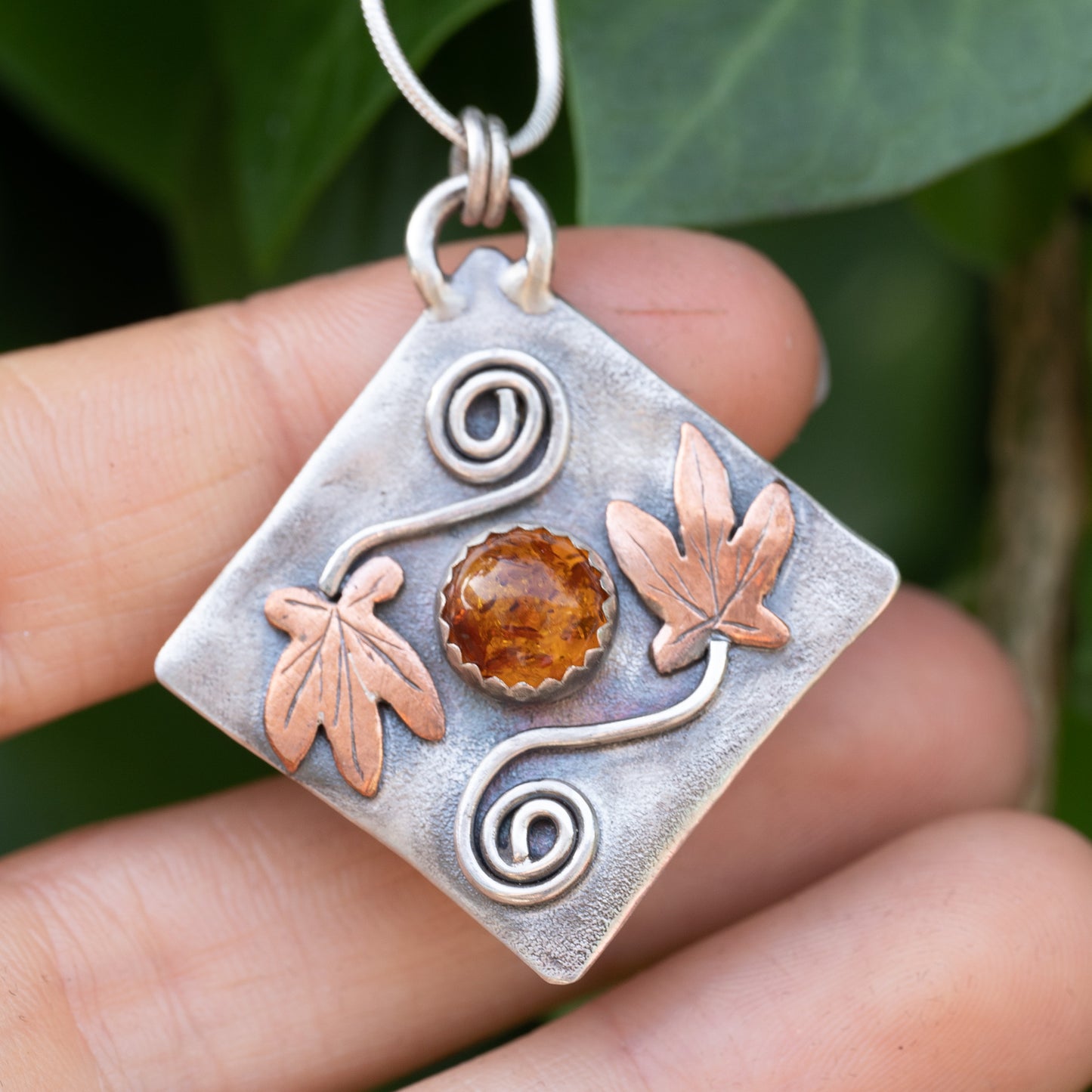 Handmade Silver & Copper Ivy Leaf Necklace with Amber Stone