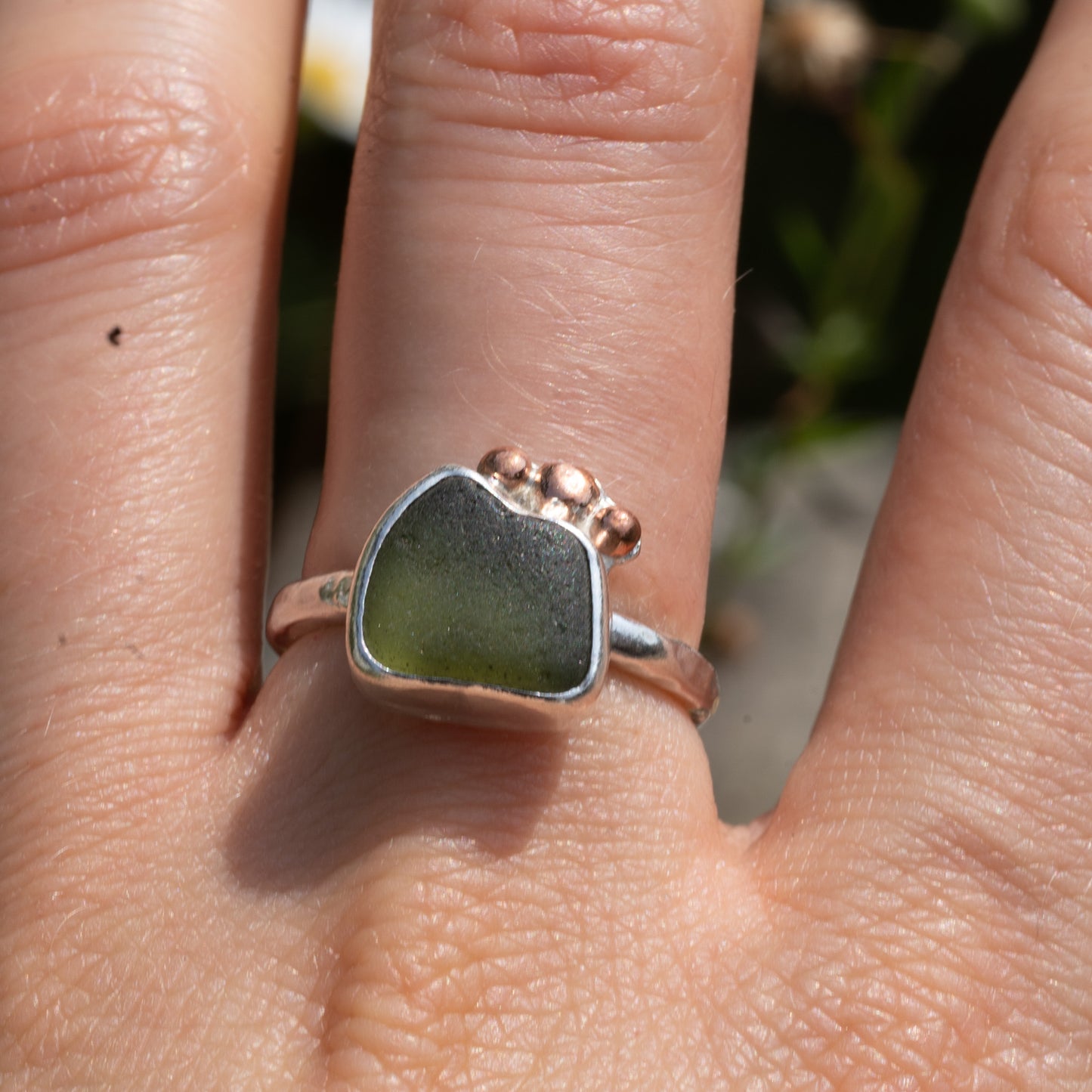 Dorset Green Seaglass Ring with Copper Rocks - Size L