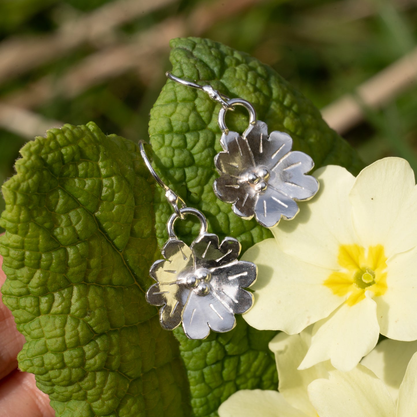 Recycled Silver Primrose Drop Earrings