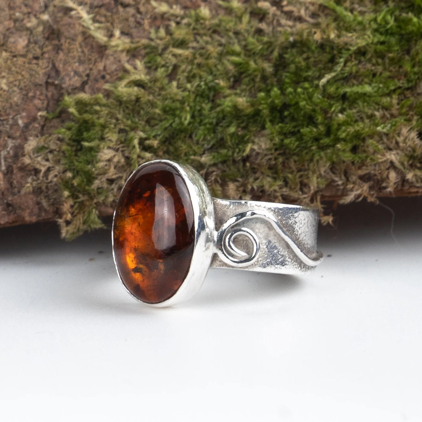 Recycled Silver Amber Fern Ring - Size M - Purbeck Arts Week