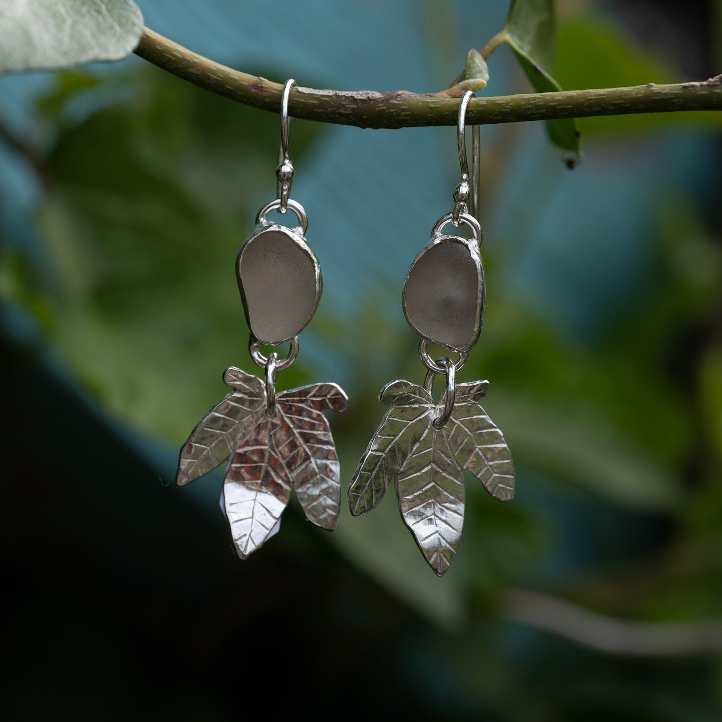 Handmade Silver Ivy Leaf Earrings with Seaglass Stones