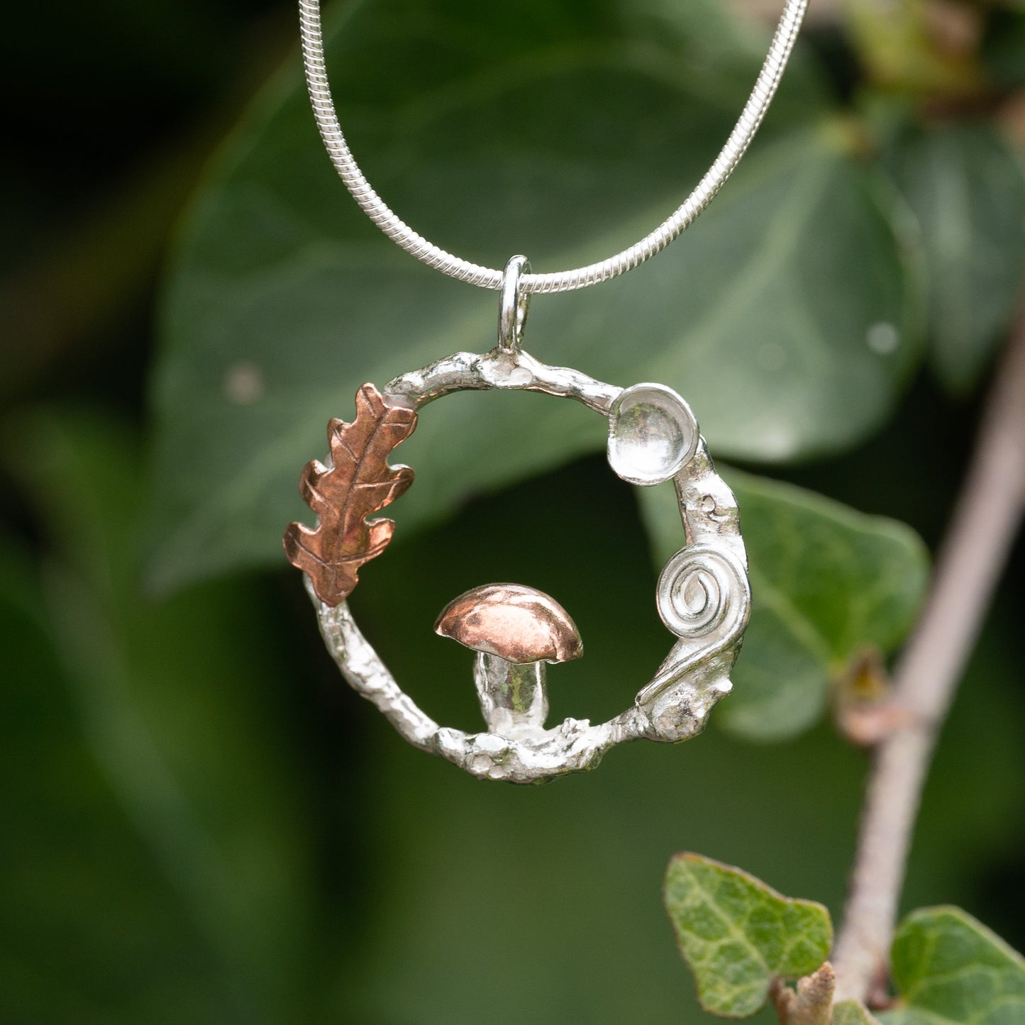 Silver & Copper Mushroom Forest Pendant