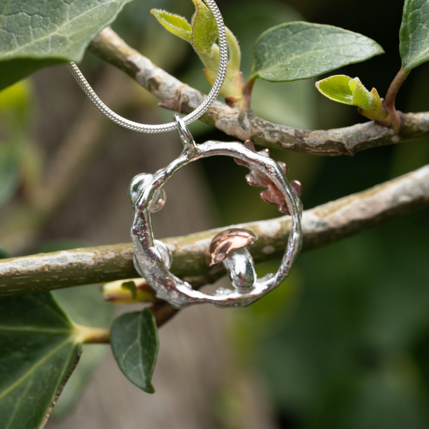 Silver & Copper Mushroom Forest Pendant
