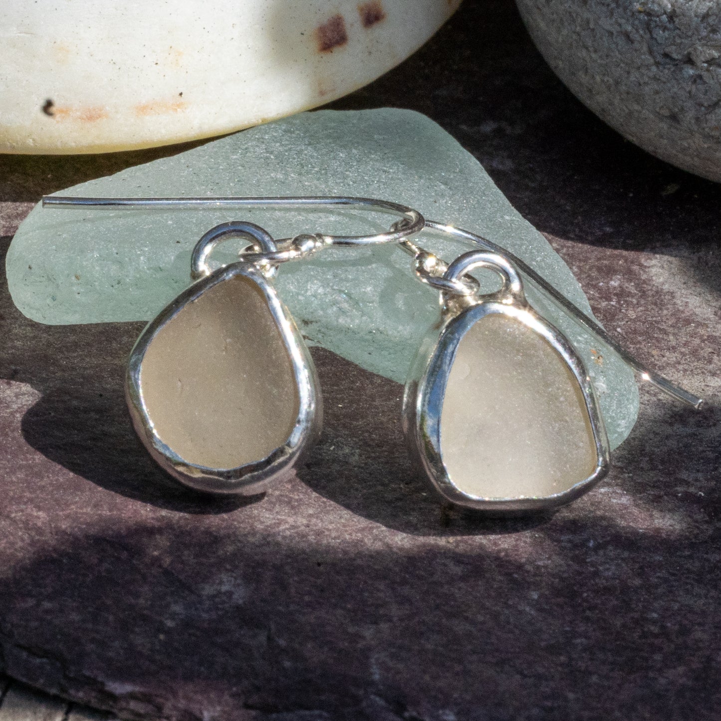 Silver White Seaglass Earrings - Irregular