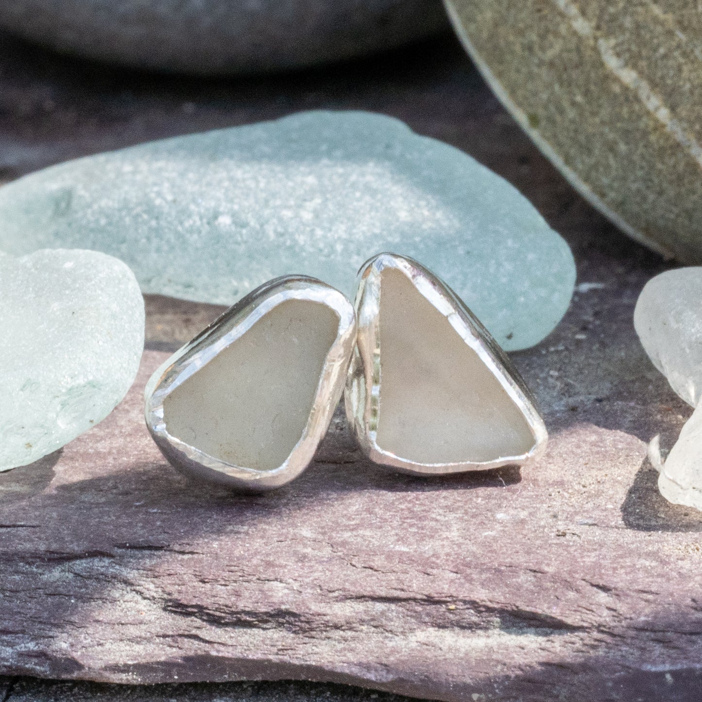 Silver White Seaglass Stud Earrings