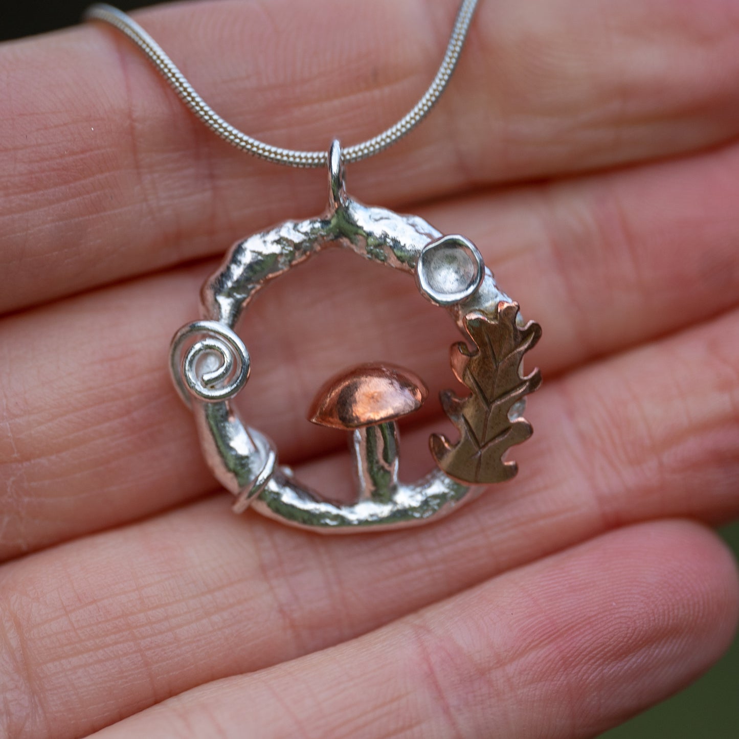 Silver & Copper Mushroom Forest Pendant