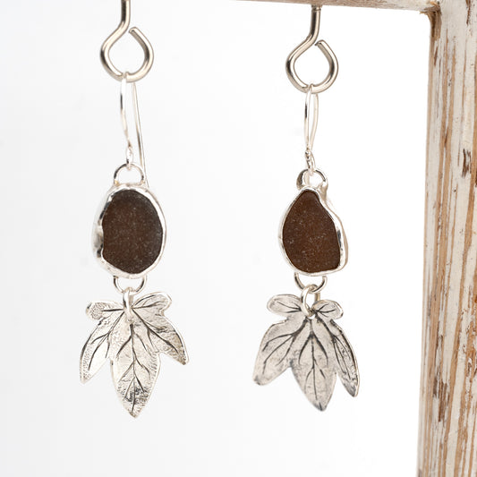 Handmade Silver Ivy Leaf Earrings with Seaglass Stones - Purbeck Arts Week