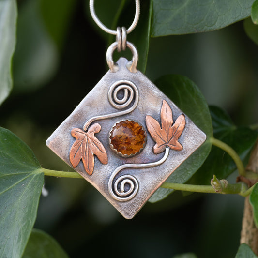 Handmade Silver & Copper Ivy Leaf Necklace with Amber Stone