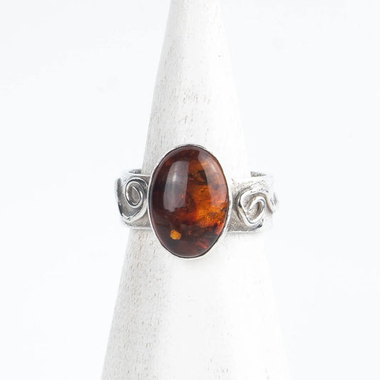 Recycled Silver Amber Fern Ring - Size M -  Purbeck Arts Week