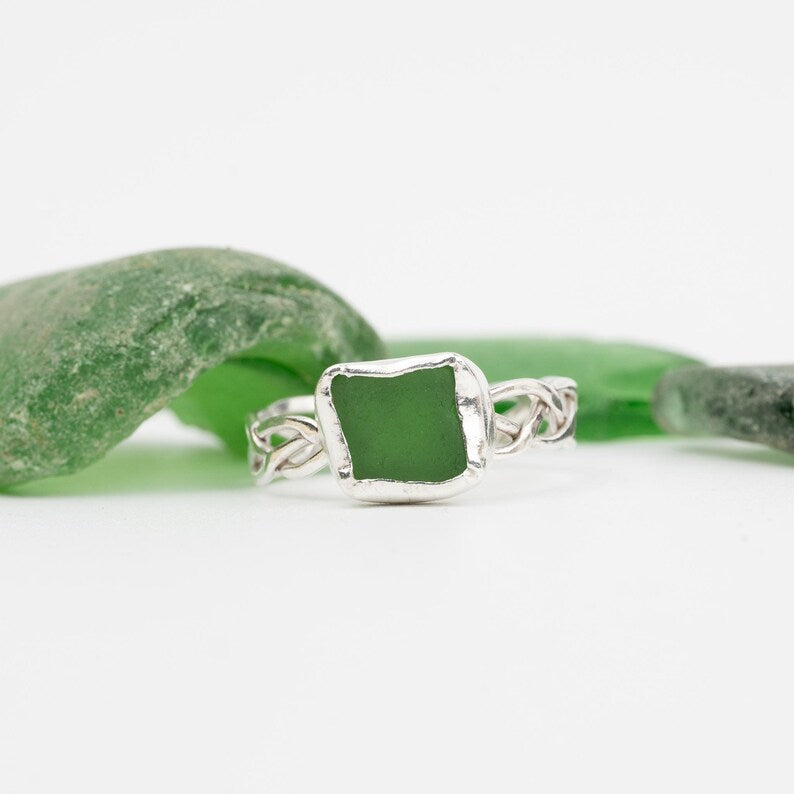 Green Seaglass Ring with Celtic Band - Size S