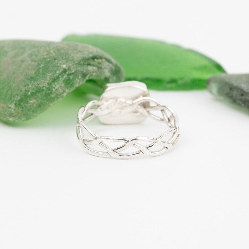 Green Seaglass Ring with Celtic Band - Size S