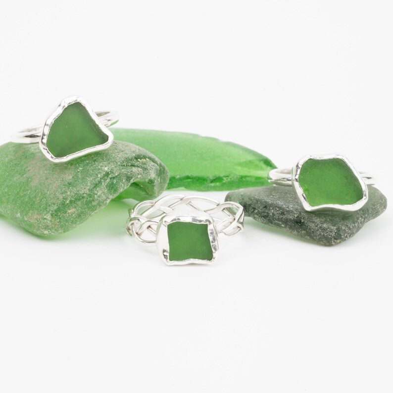 Green Seaglass Ring with Celtic Band - Size S