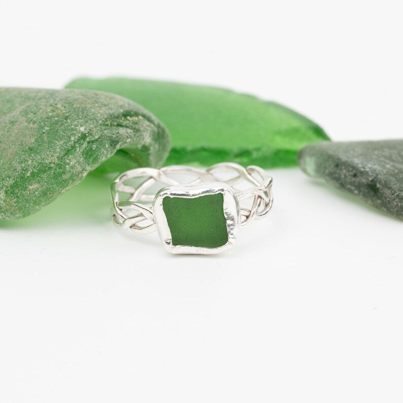Green Seaglass Ring with Celtic Band - Size S