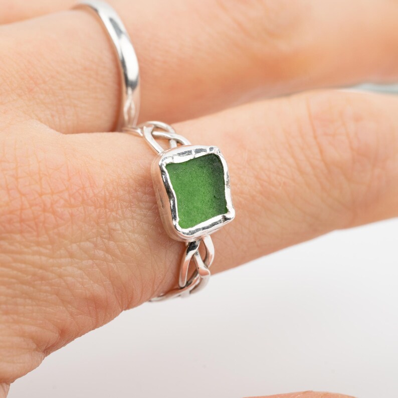 Green Seaglass Ring with Celtic Band - Size S