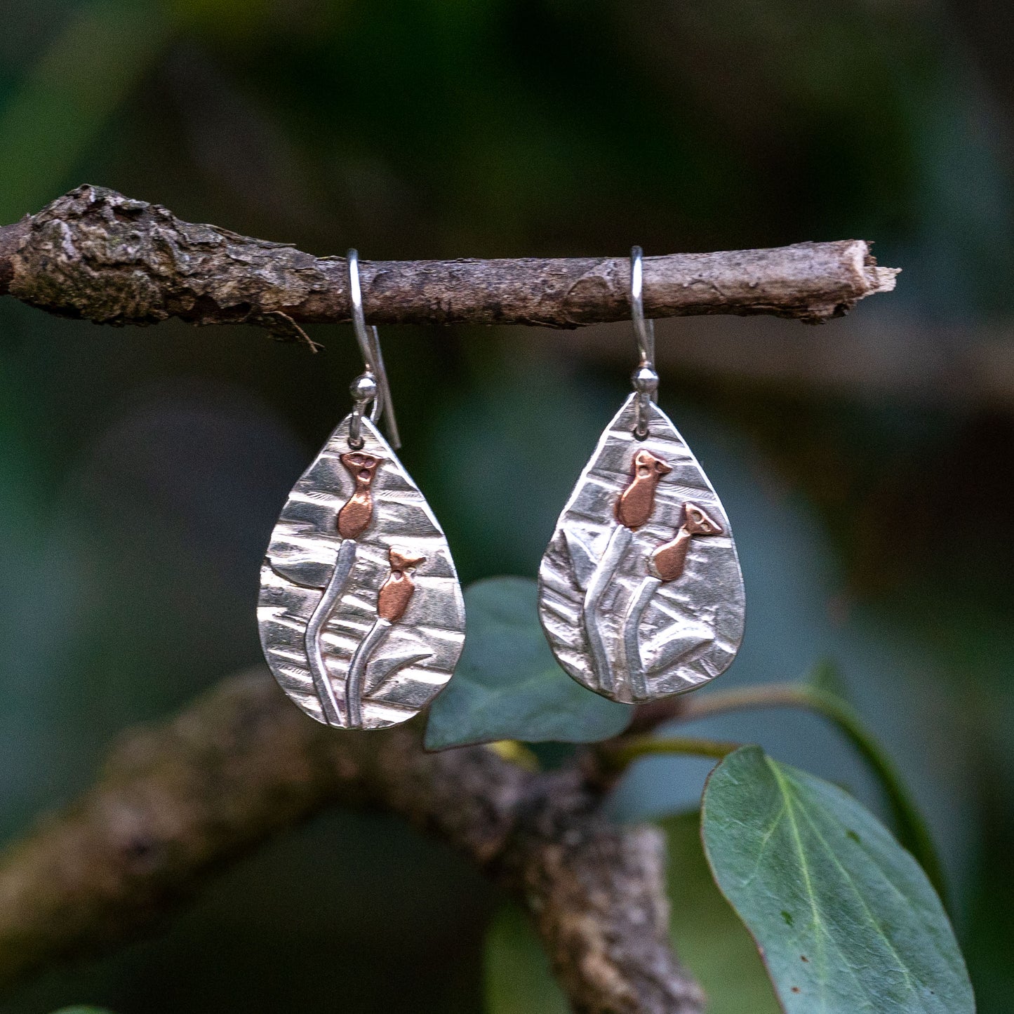 Handmade Silver Rosehip Tear Shaped Earrings