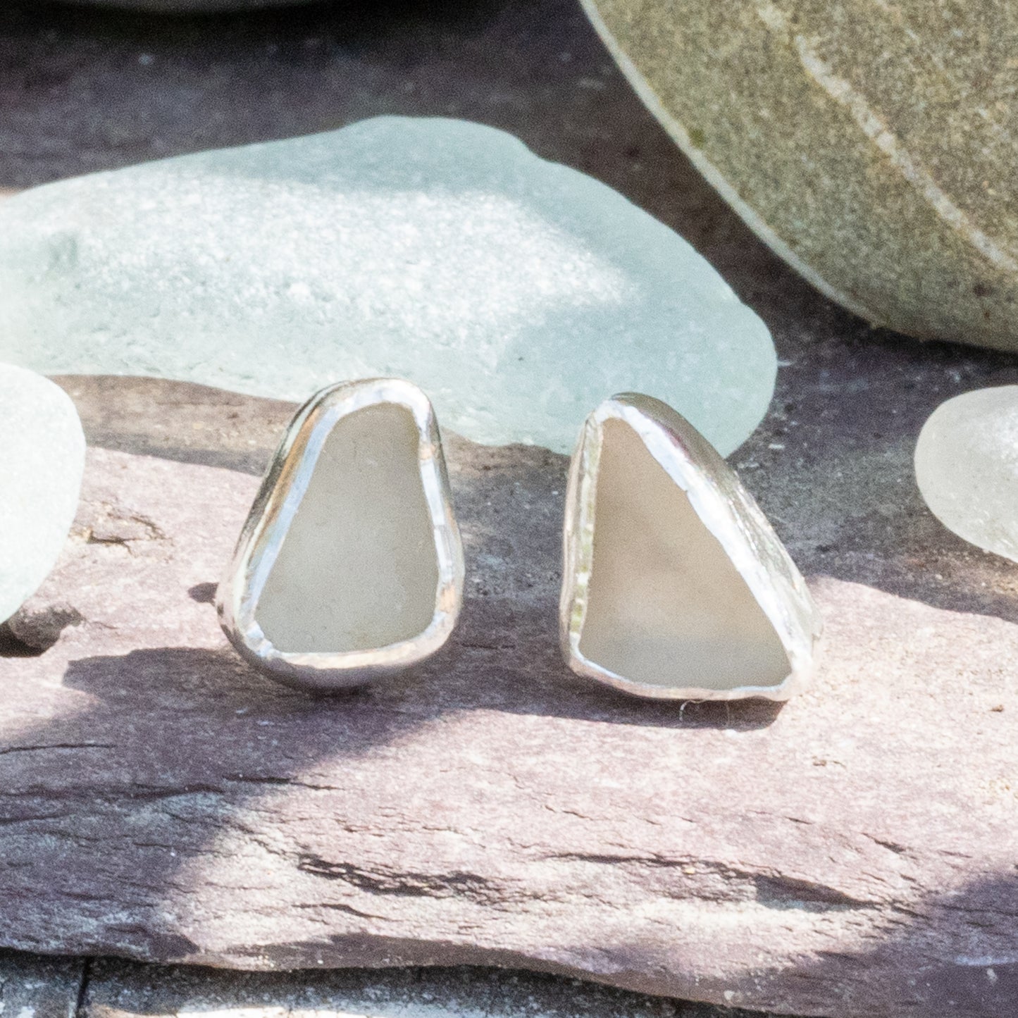Silver White Seaglass Stud Earrings