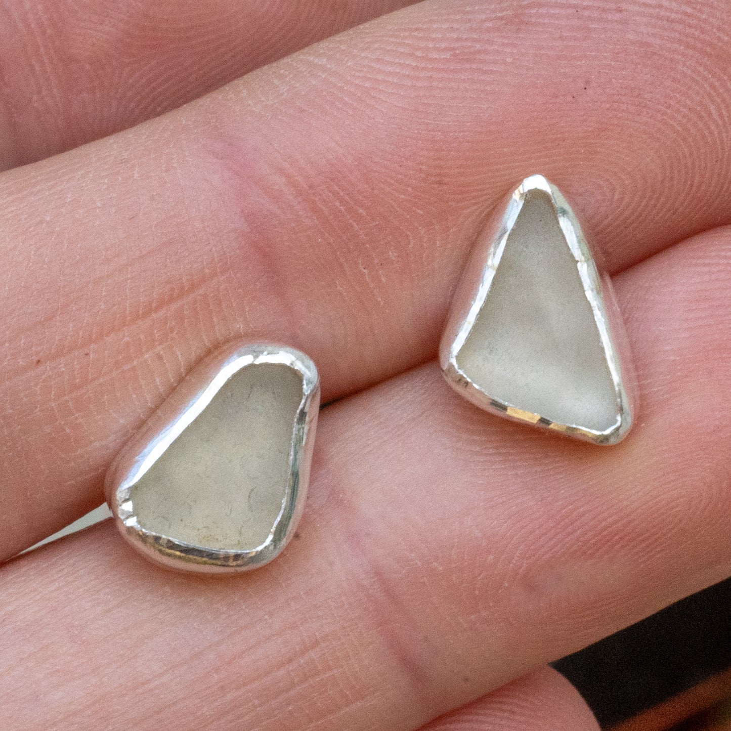 Silver White Seaglass Stud Earrings