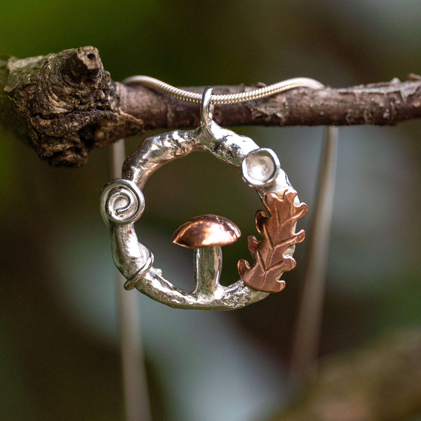 Silver & Copper Mushroom Forest Pendant