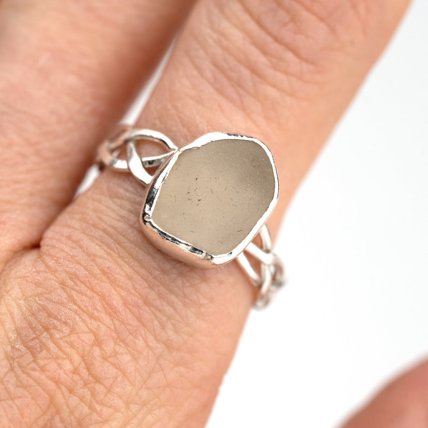 White Seaglass Ring with Celtic Band - Size T