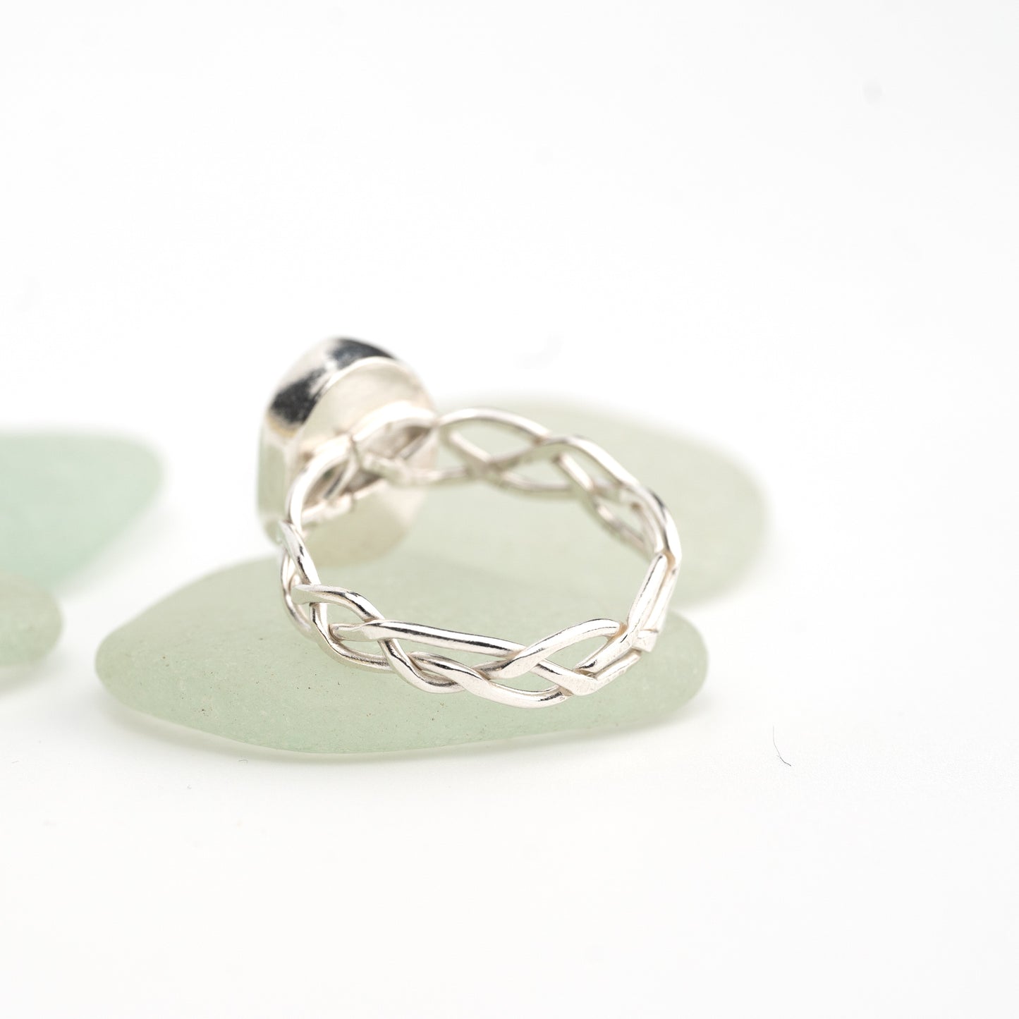 White Seaglass Ring with Celtic Band - Size T